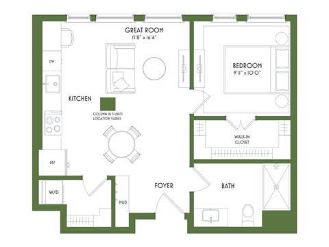 A floor plan of a house with a kitchen, living room, and bathroom.